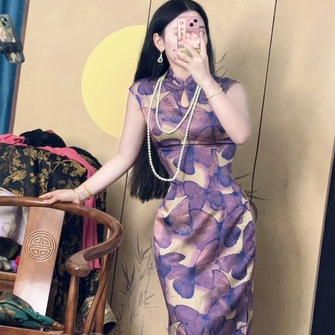 画报夫人原创自制高级提花缎面水滴旗袍改良连衣裙 孤品梦中花蝶