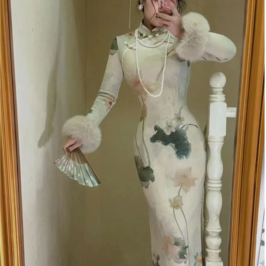 画报夫人原创自制秋冬厚款复古旗袍温婉连衣裙  月宫