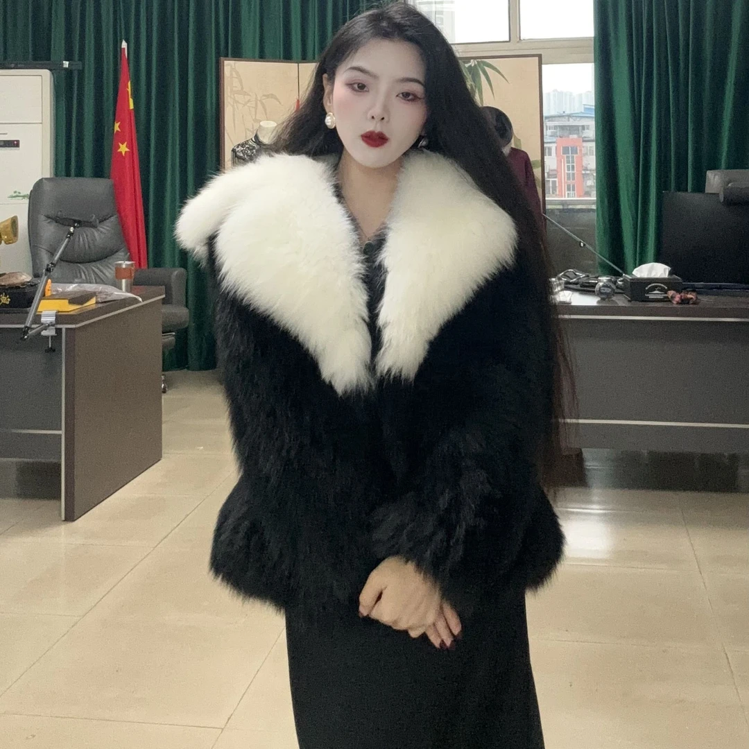 画报夫人翻领黑白狐狸毛大翻领双面编织皮草外套黑白配色