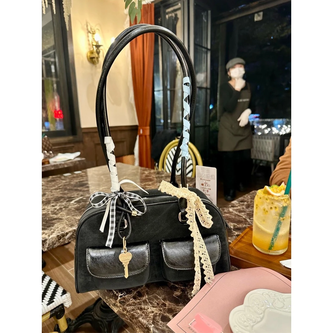 MIDDING&BAG允真同款复古枕头丝带包拼接机车波士顿包腋下手提包