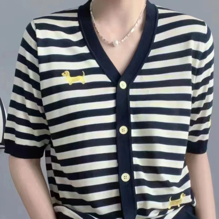 《林李上新》8847莱赛尔天丝撞色条纹中袖开衫