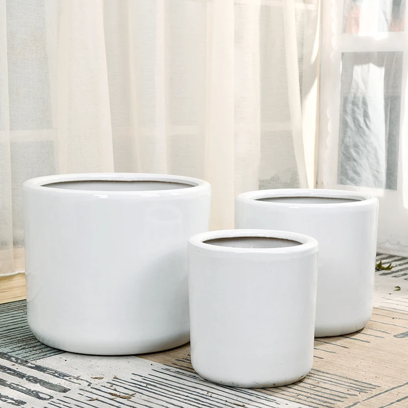 圆柱型白色简约陶瓷花盆欧式个性落地大号特大号种树状绿萝发财树