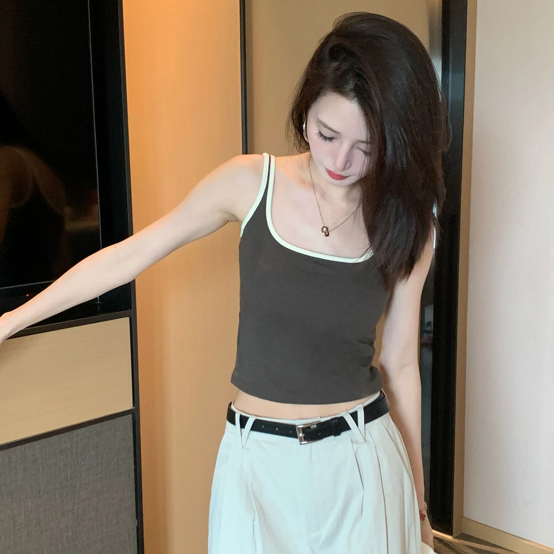 撞色带胸垫弹力背心女韩版秋冬内搭打底上衣撞色保暖冬季上衣美背