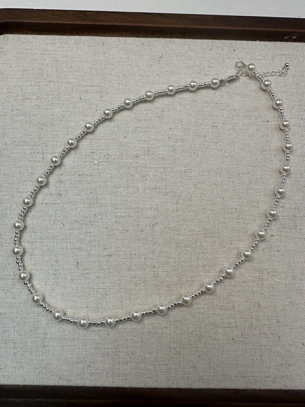 吊坠925银仿珍珠 日韩厂5mm贝珠间银珠银项链长度40+5cm