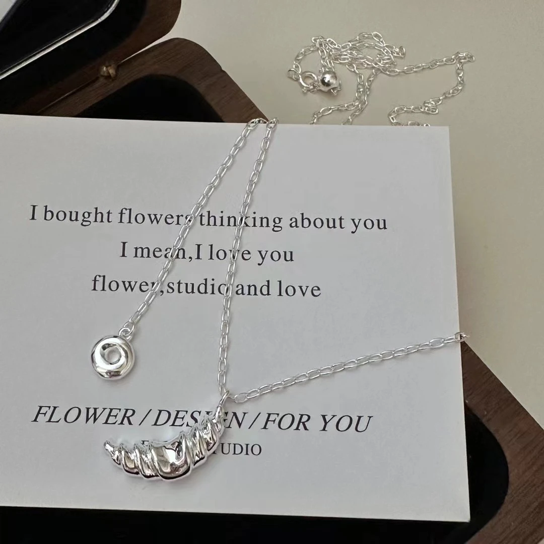 坠链均925银 日韩厂气质百搭重工牛角包抽拉调节银项链最长64cm