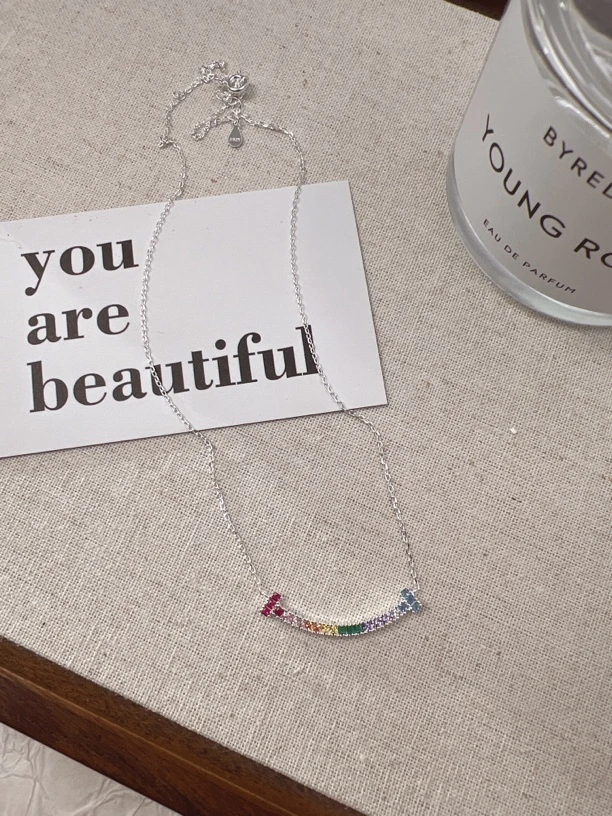 坠链均925银合成锆石 韩版厂轻奢时尚百搭彩色合成锆石微笑银项链