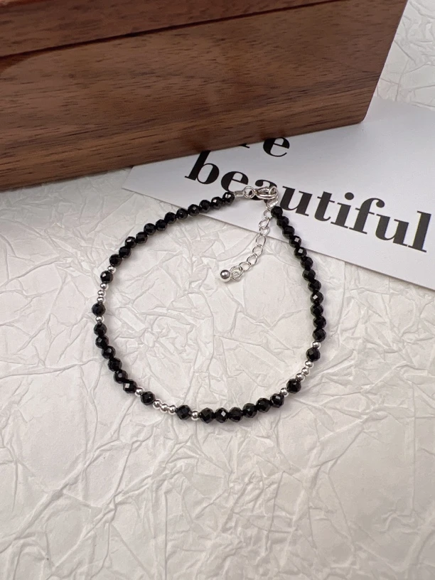 925银手链 韩版厂时尚复古简约百搭爆闪黑珠银手链