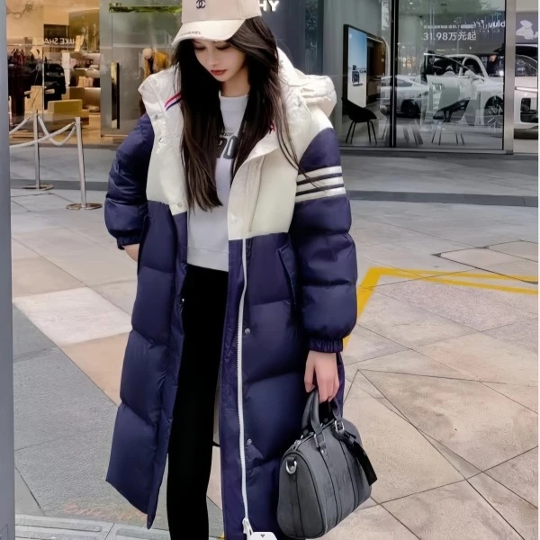潮流风向标~韩范时尚拼色中长款白鸭羽绒服 W0052