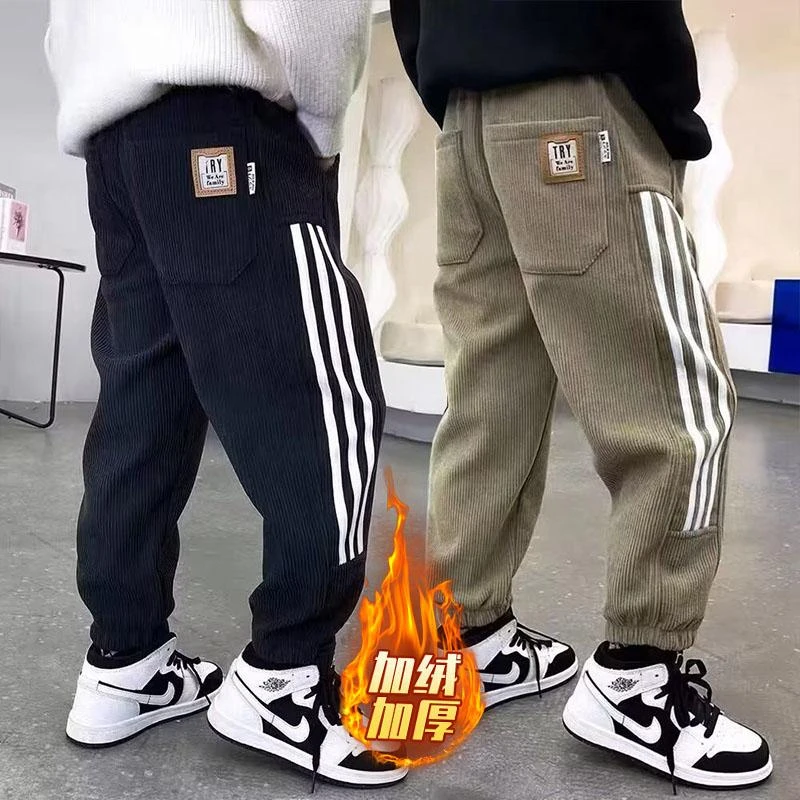 2025新款春秋款灯芯绒新款休闲卫裤中大童加绒一体绒男孩束脚长裤