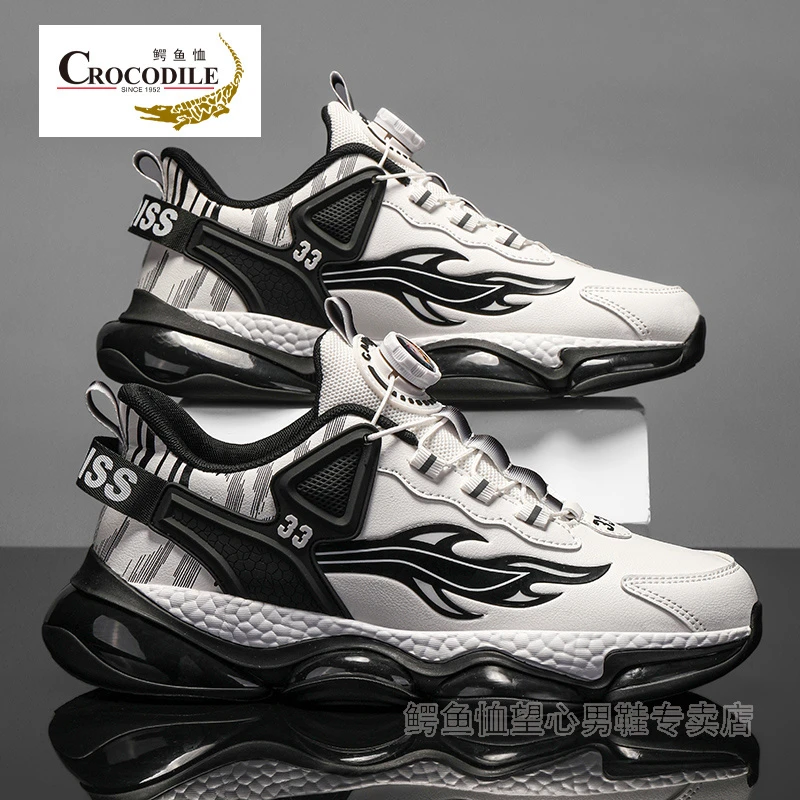 鳄鱼恤男鞋春秋潮牌厚底跑步减震运动鞋青少年旋转纽扣莆田老爹鞋