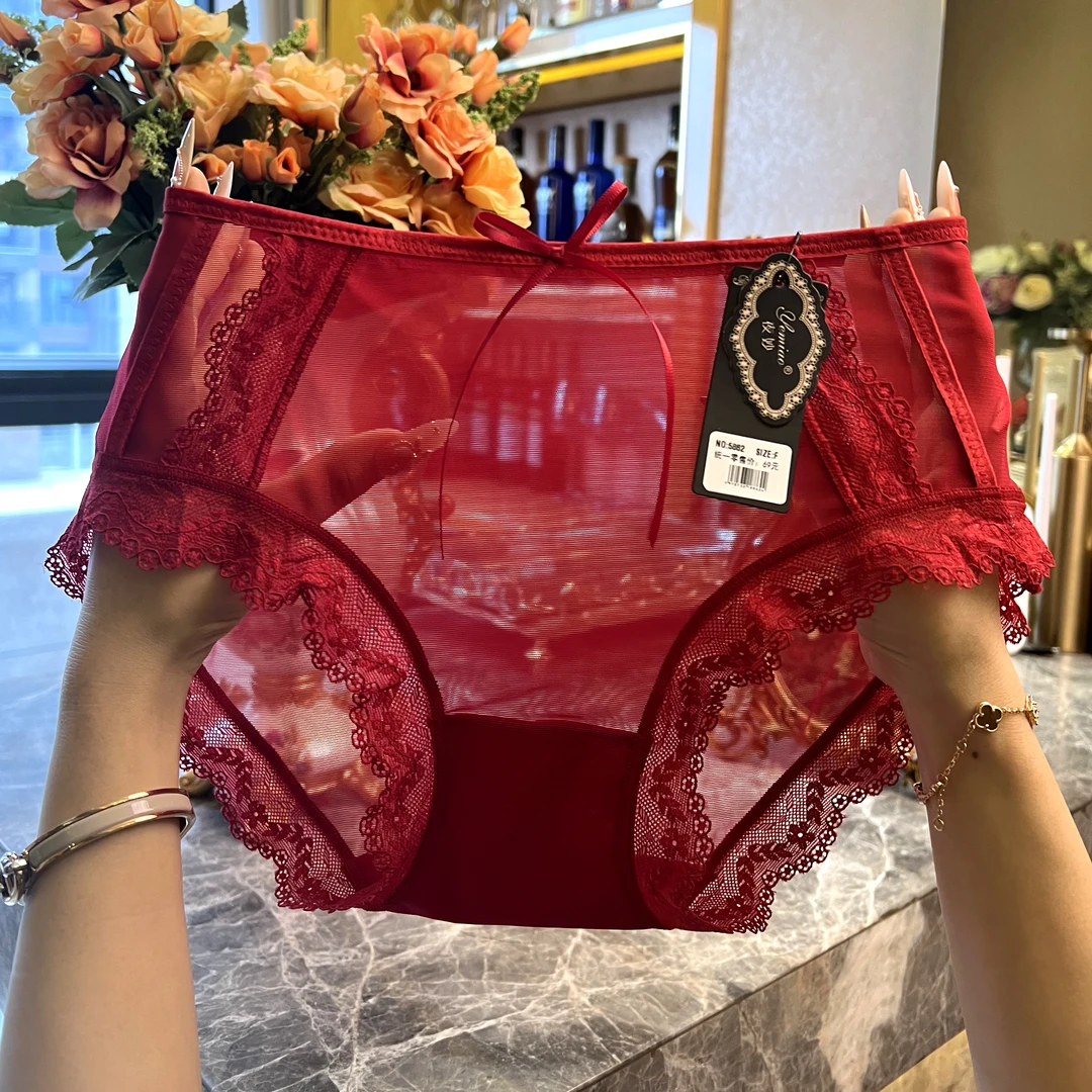 7A棉裆蕾丝女士安哥拉红内裤 性感无痕中高腰透气三角裤内裤女