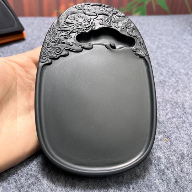 歙砚/龙腾四海砚台石椭圆器形天然原石雕刻精美工艺