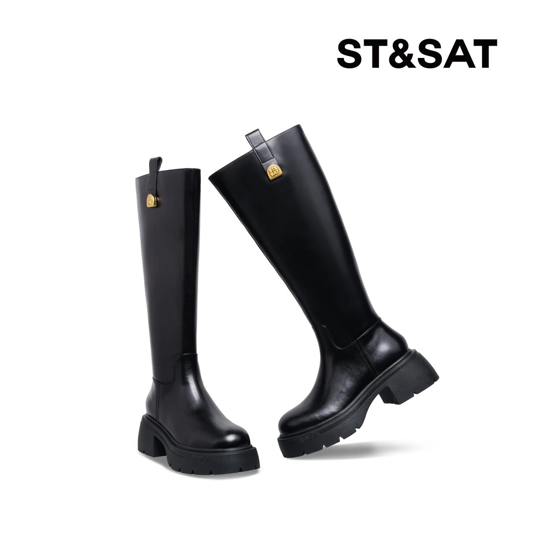 星期六时装靴黑色英伦风秋冬新款圆头厚底显瘦长筒靴女SS34117R23