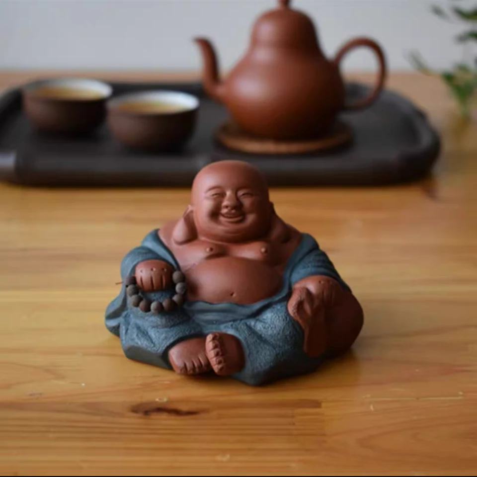紫砂精品彩色发财弥勒佛如来佛陀笑面佛小和尚茶宠雕塑茶盘小摆件