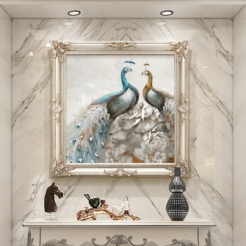 入户玄关装饰画孔雀油画壁画走廊画欧式高档卧室墙面饰品挂画