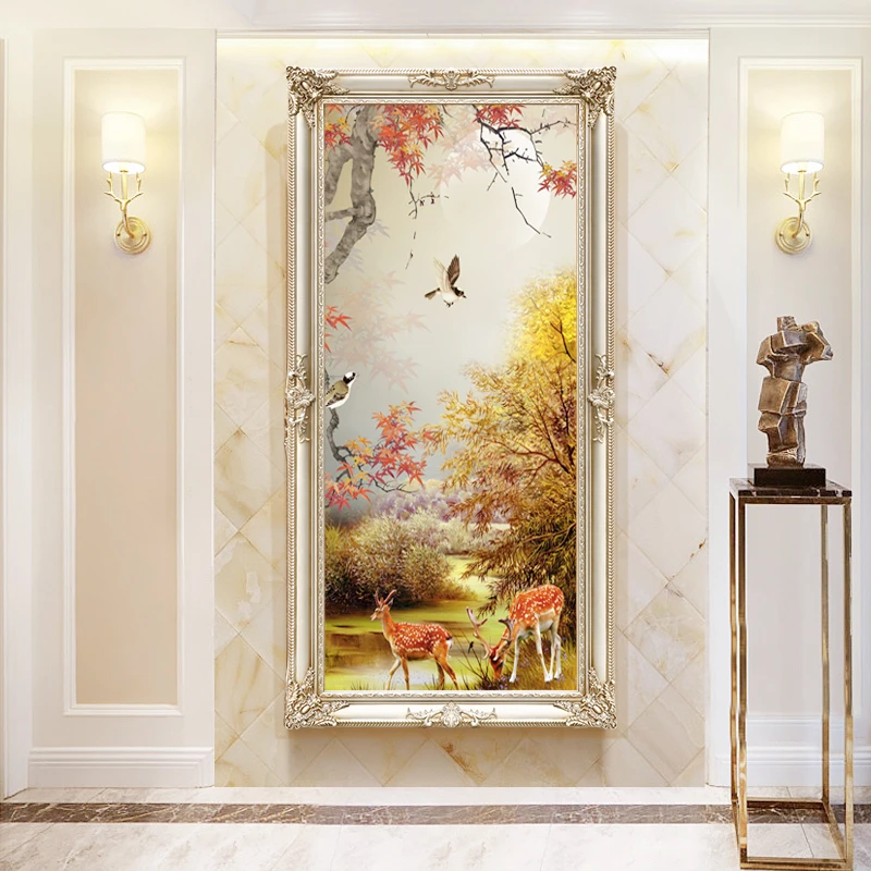 赐禄 欧式玄关装饰画风景油画走廊竖版挂画过道壁画麋鹿画简欧画