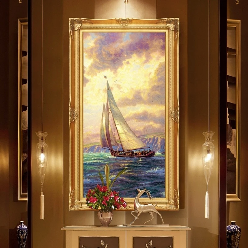 入户玄关竖版油画风景欧式装饰画 一帆风顺船卧室过道走廊壁画