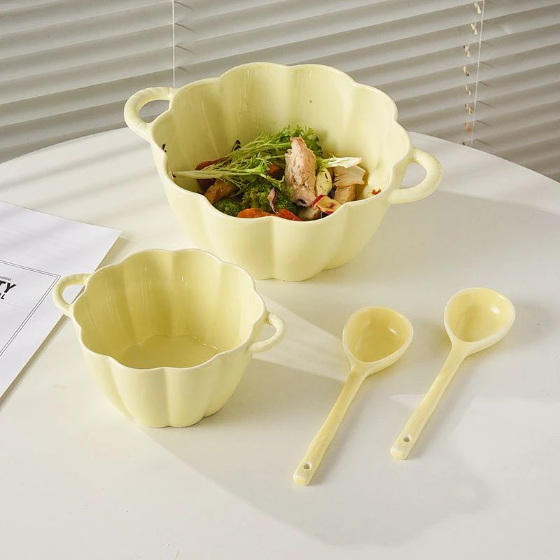 高档简约奶黄色双耳大汤碗带勺陶瓷宿舍家用碗可爱南瓜碗餐具套装