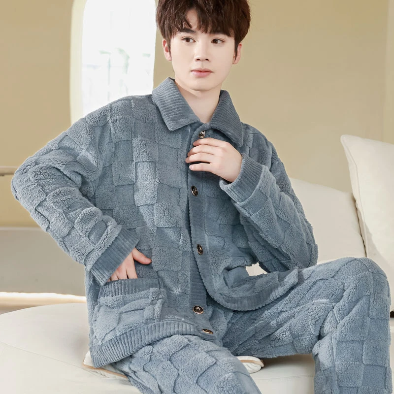 睡衣男秋冬季加厚法兰绒家居服中老年男士加肥加绒珊瑚绒睡衣套装