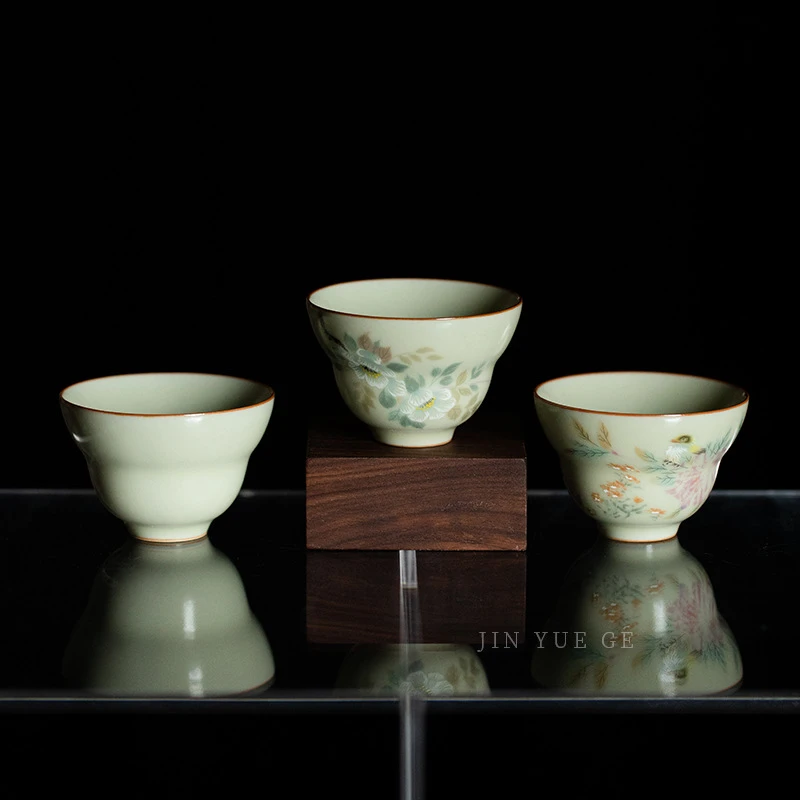 秘黄色汝窑花鸟图品茗杯葫芦杯主人杯茶杯陶瓷不烫手小众功夫茶具