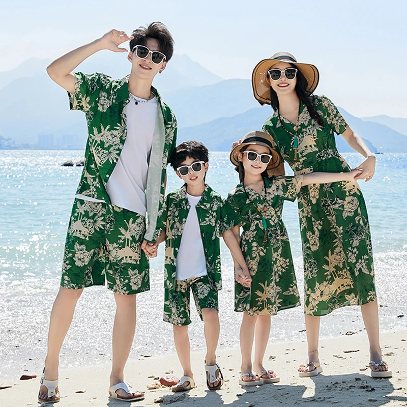亲子装一家三口四口衬衫短袖夏季海边度假连衣裙沙滩裙母女装情侣