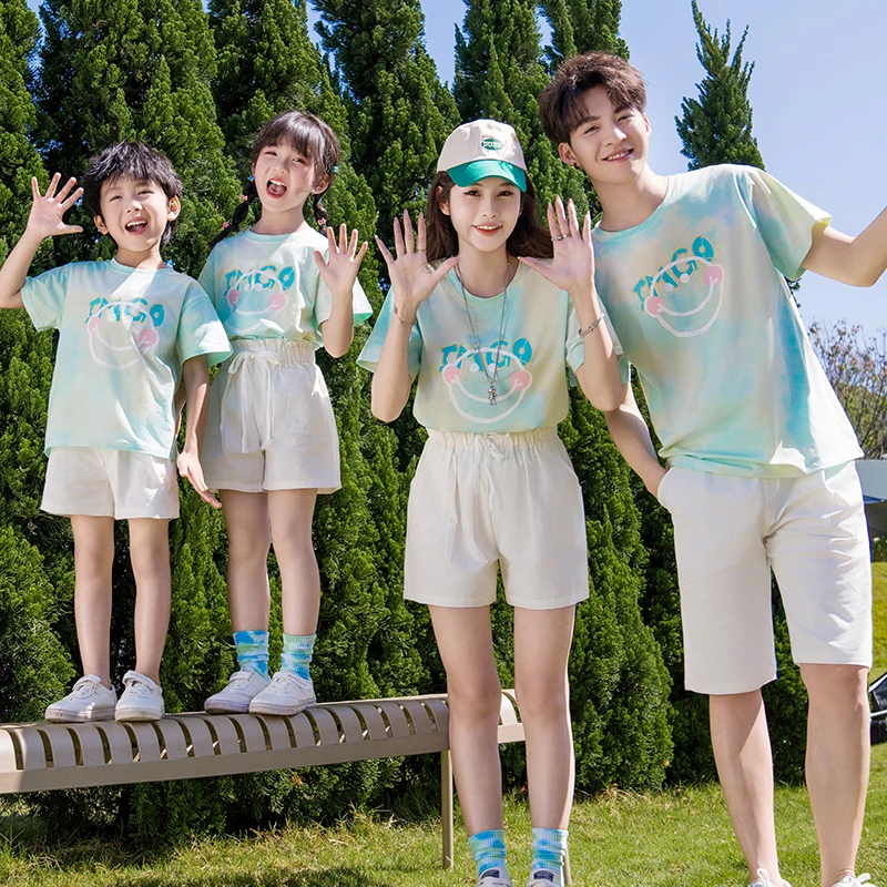网红亲子装一家三口四口儿童短袖扎染印花母女装夏季套装情侣装