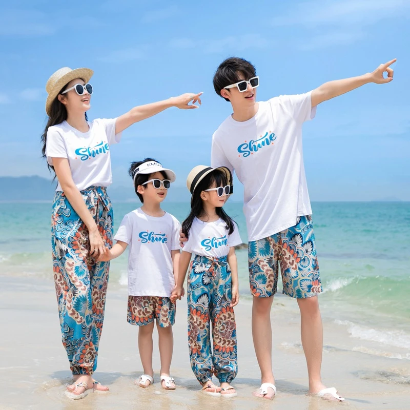 亲子装夏装一家三口四口母女泰国三亚海边度假沙滩装长裤短袖套装