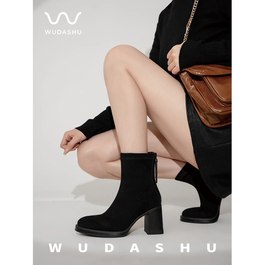 秋冬新款圆头静音粗跟绒面弹力短靴女百搭瘦瘦靴