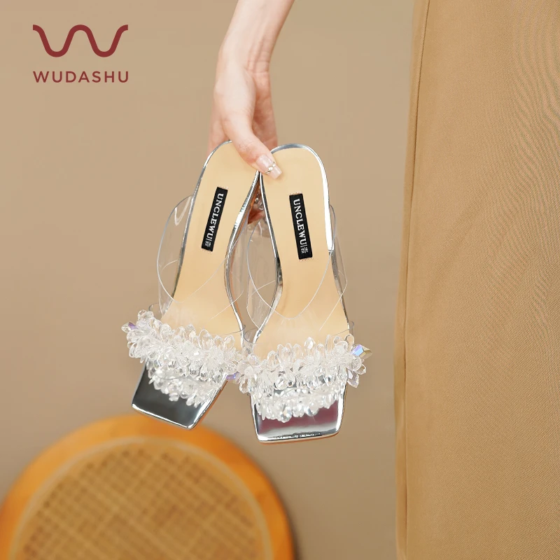 吴大叔{设计款}拖鞋时尚透明方头高跟凉拖仙气气质凉鞋