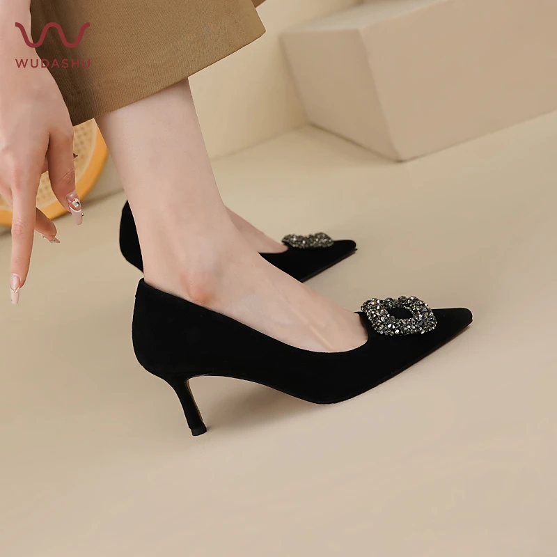 吴大叔2023秋季新款优雅方扣系列高跟鞋气质尖头百搭细跟平底单鞋