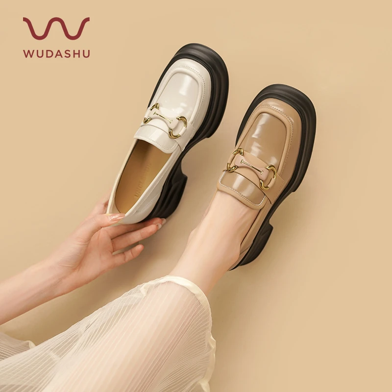 吴大叔秋季新款时尚厚底乐福鞋百搭圆头小皮鞋经典小个子增高单鞋