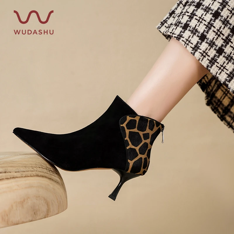 吴大叔2024新款秋冬黑色尖头性感裸靴时尚细跟真皮高跟女靴13-393