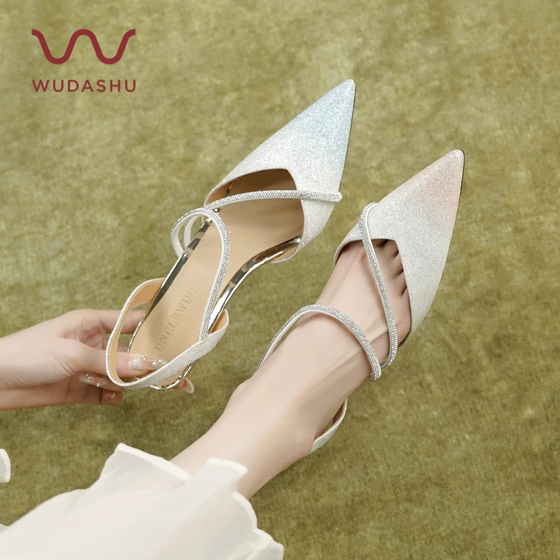 吴大叔夏季新款高跟鞋婚鞋法式中空尖头水晶女鞋百搭气质细跟单鞋