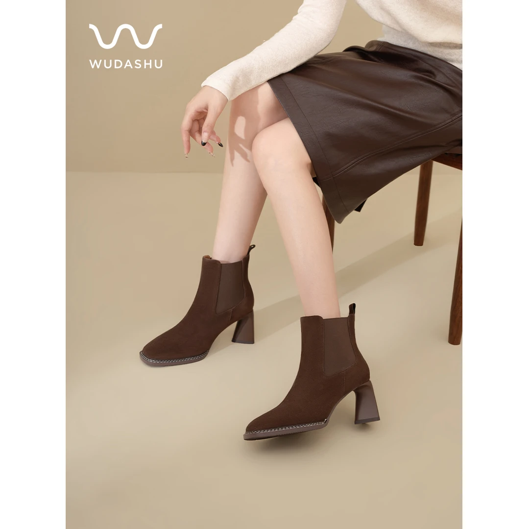 【清仓】秋冬法式时尚百搭真皮英伦复古圆头粗高跟短靴女10-597