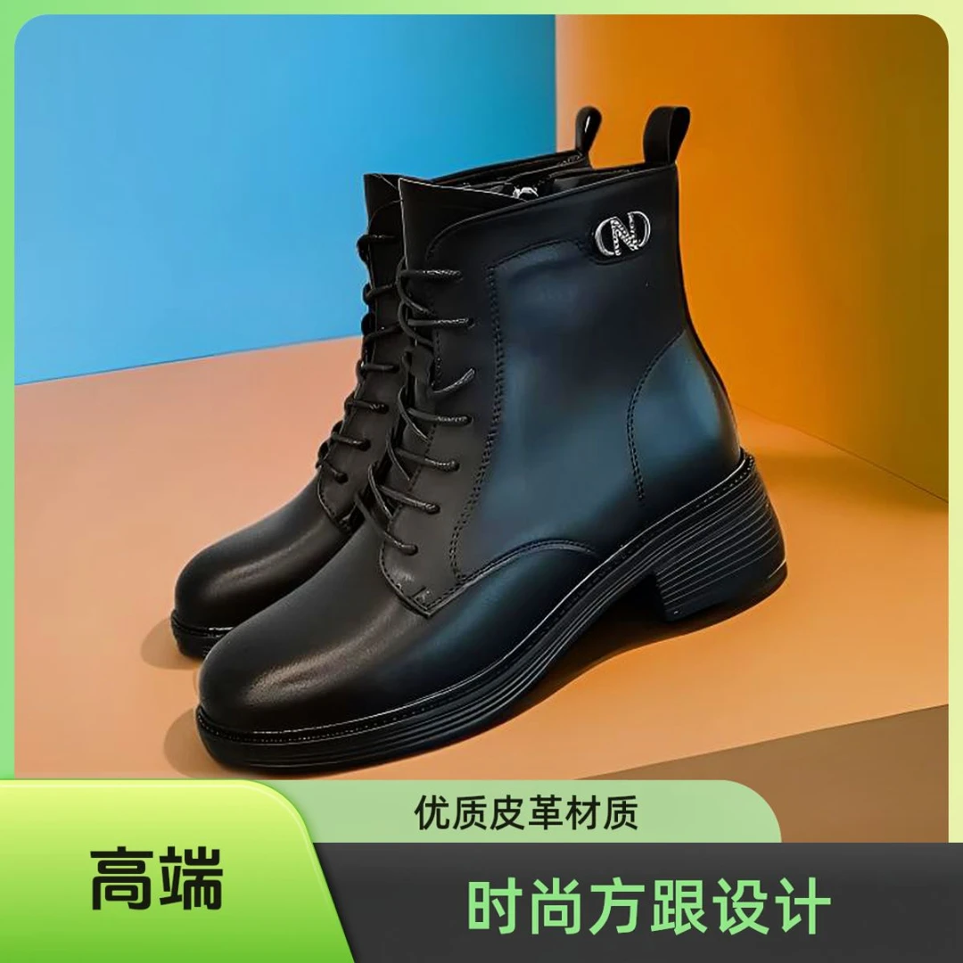 真皮时尚显瘦英伦风马丁靴女百搭加绒中跟短靴冬季新款