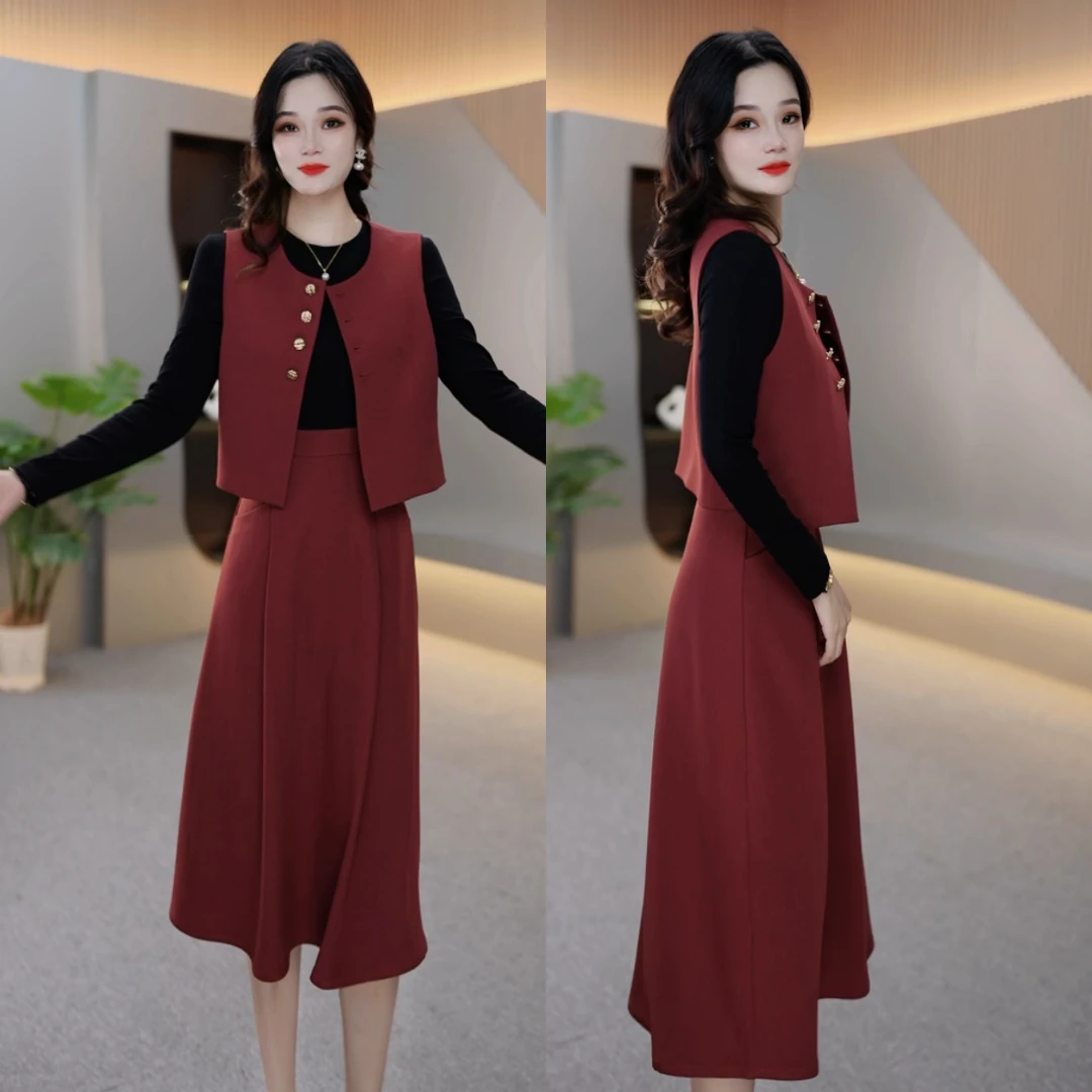 情淑秋季新款精致套装洋气两件套连衣裙时尚显瘦减龄女装M-4XL