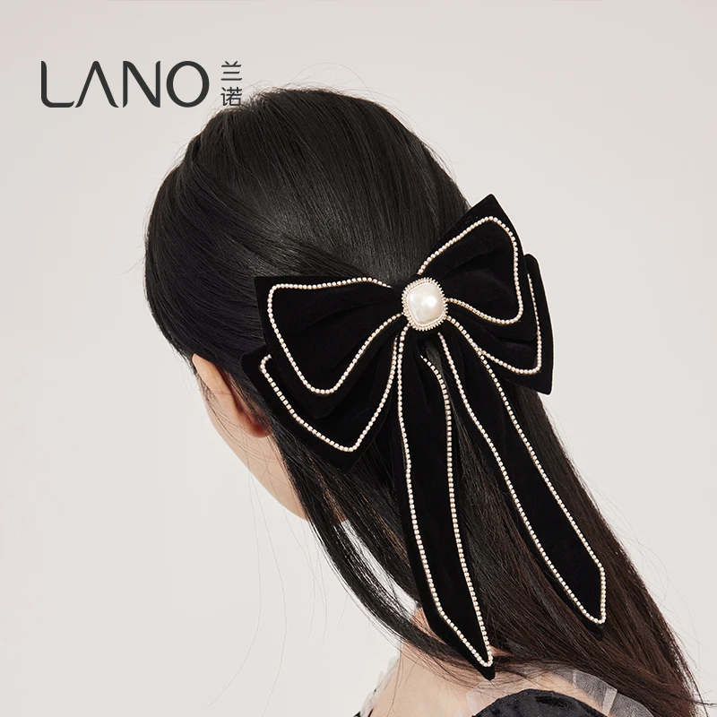兰诺超大丝绒蝴蝶结黑色弹簧夹发夹立体发卡