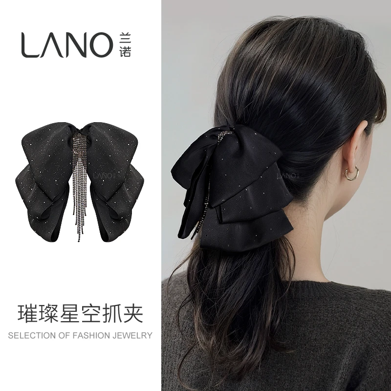 兰诺【星空】满天星蝴蝶结发夹黑色缎面流苏马尾夹新中式补发量抓夹