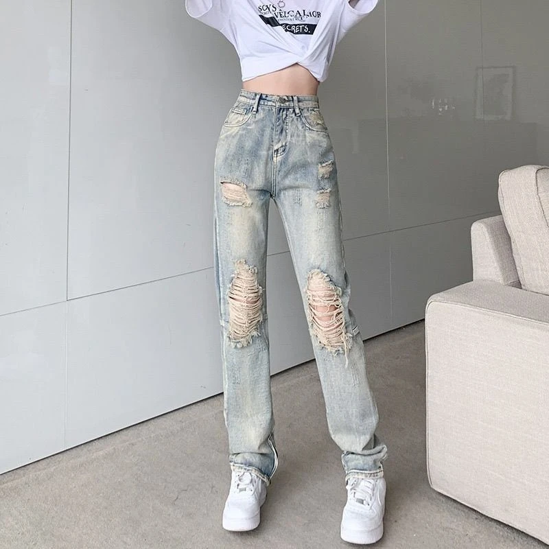 高个子美式小众破洞黄泥色拉链开叉牛仔裤女高腰直筒显瘦长裤子潮