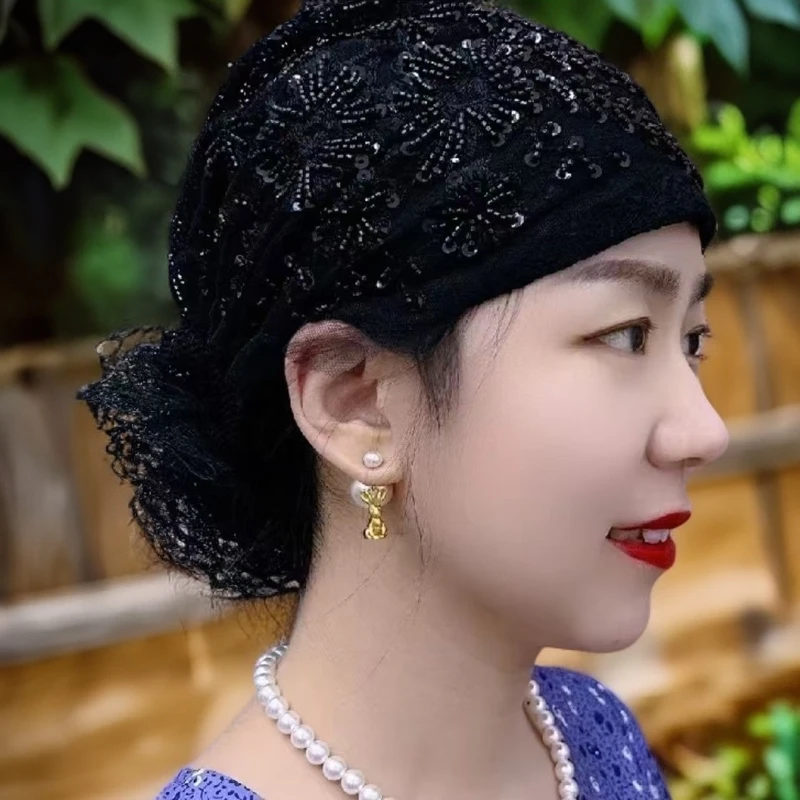 2024火爆新款网红爆款凤尾花拼接后花包头帽亮片洋气遮盖白发帽子