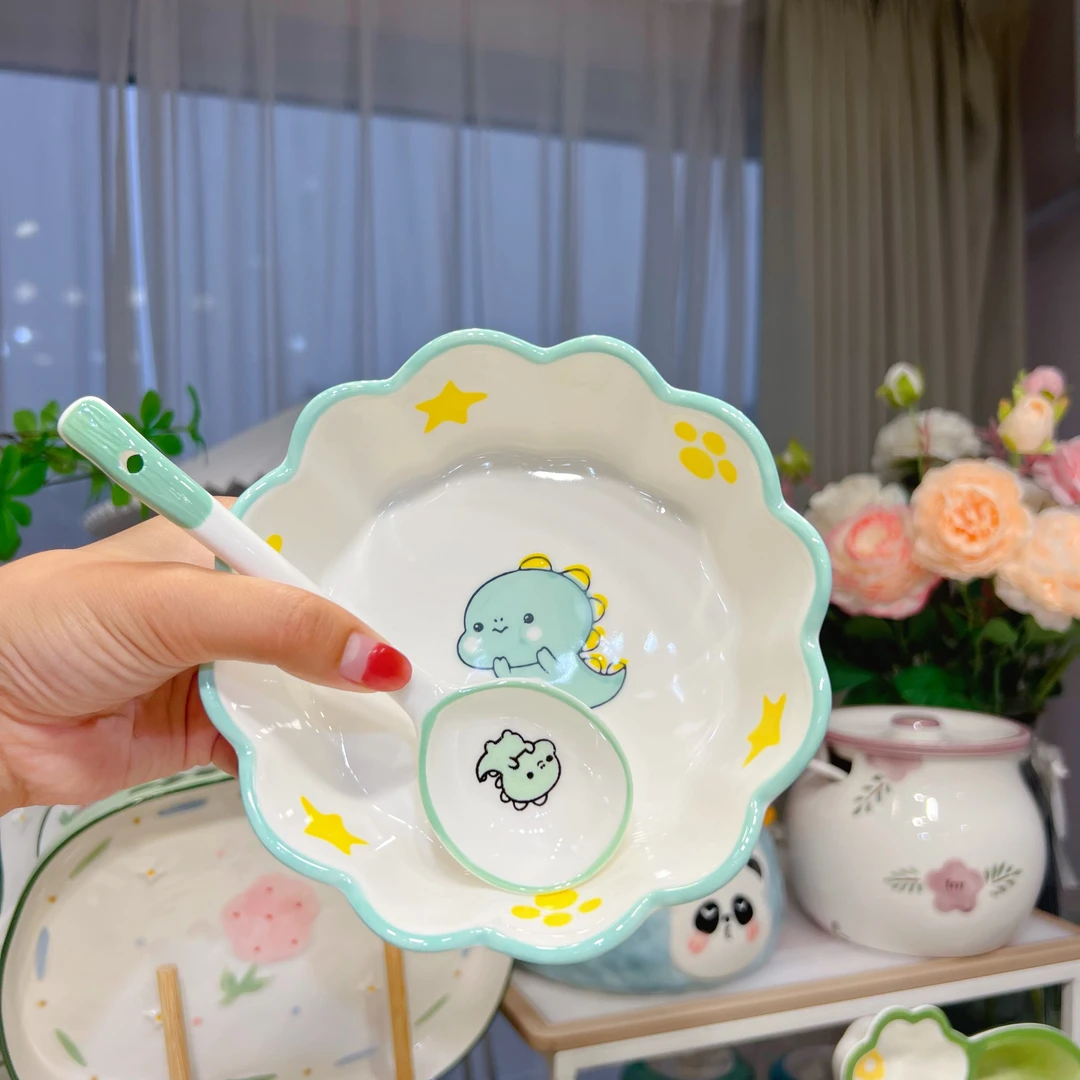 粉丝福利  6英寸陶瓷花边碗恐龙加勺沙拉碗烤碗可爱