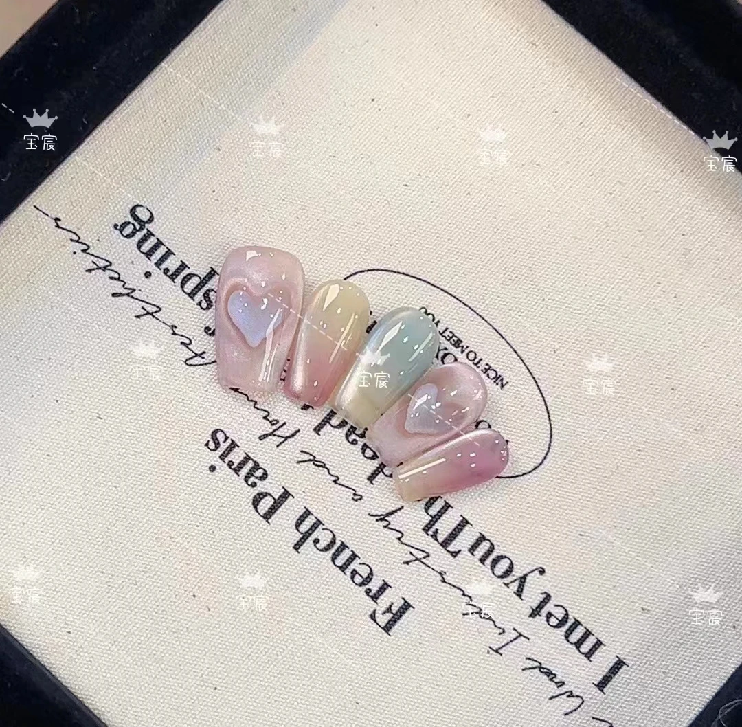 XL•Nail Supplier【梦幻泡影】多巴胺七彩猫眼爱心穿戴甲气质美甲