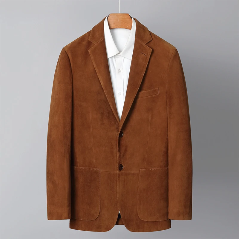 男士皮衣夹克外套春秋新款2024西装领山羊皮反绒皮真皮皮衣7011