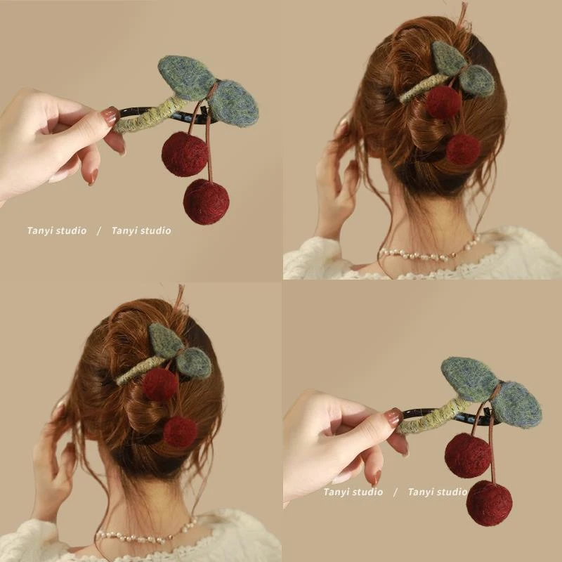 果汁甜妹!樱桃毛球发夹!毛毡车厘子扭扭夹盘发发夹头饰旅行发卡