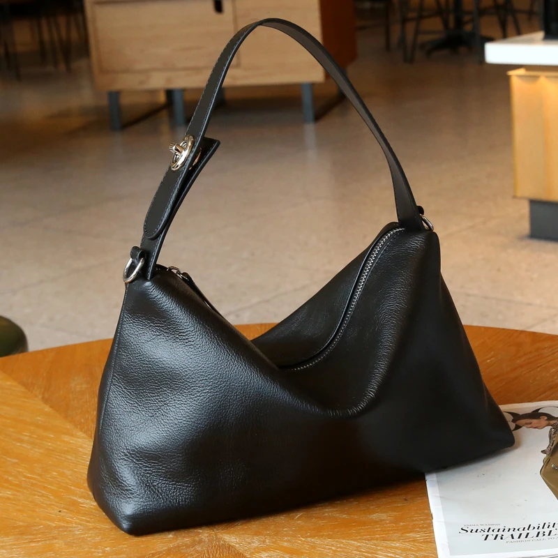 纯牛皮大容量腋下单肩包放雨伞水杯时尚百搭简约真皮斜挎手提女包