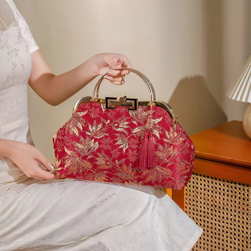 时尚蕾丝旗袍礼服宴会手提小包包红色新娘包结婚包喜婆婆大容量包