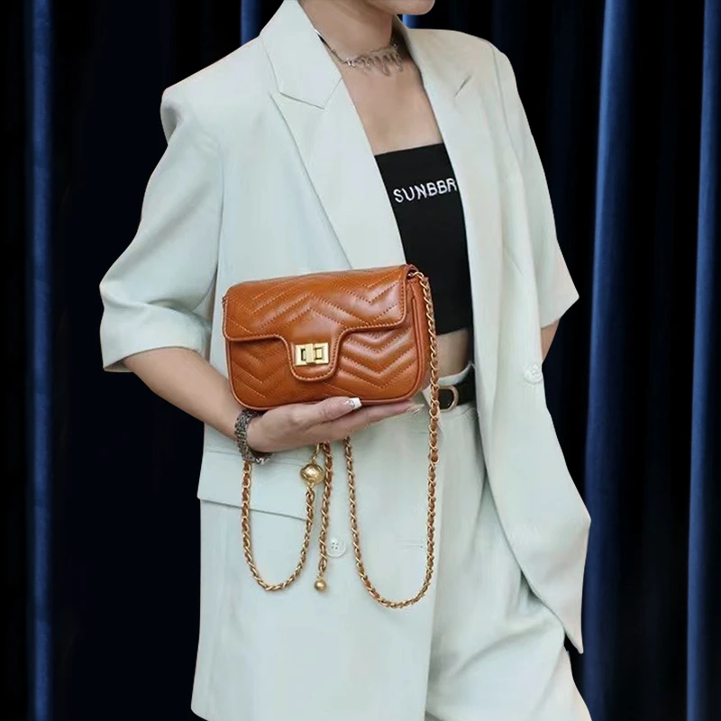 软牛皮小金球链条包包手机包女气质2024新款真皮单肩斜挎小方包潮
