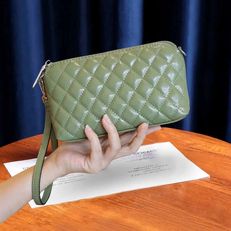 时尚菱格真皮斜挎小包手机包女百搭2024新款软牛皮休闲单肩手拎包