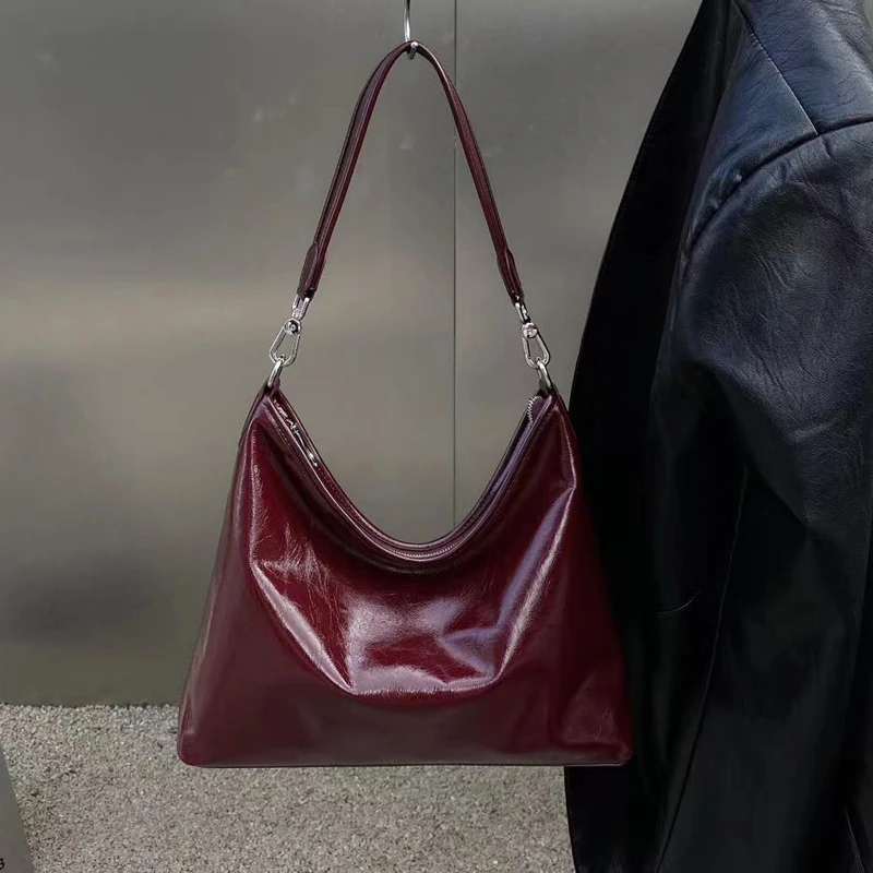 时尚安哥拉红真皮腋下单肩包简约轻便头层油蜡牛皮大容量斜挎女包