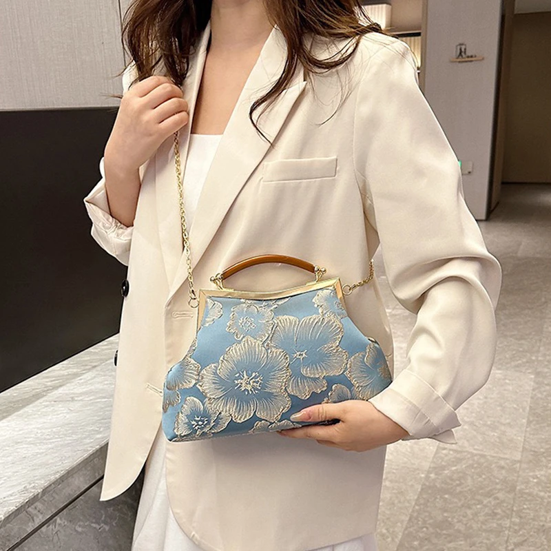 古风汉服旗袍宴会包女包新中式手工绣花休闲手提小包包链条单肩包